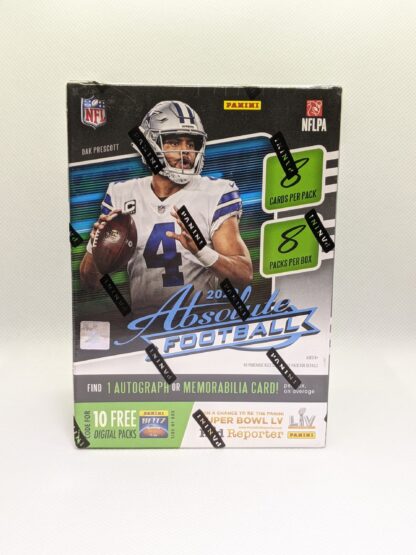 A blaster box of 2020 Panini Absolute Football cards. cards